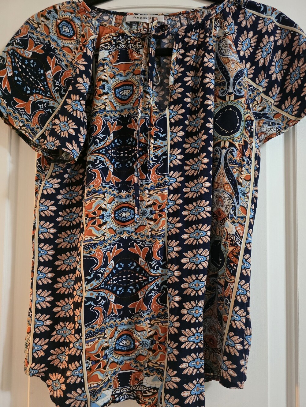So Cute! Anna Sui Navy, Orange & Light Blue Paisley Short-Sleeve Tie Blouse
